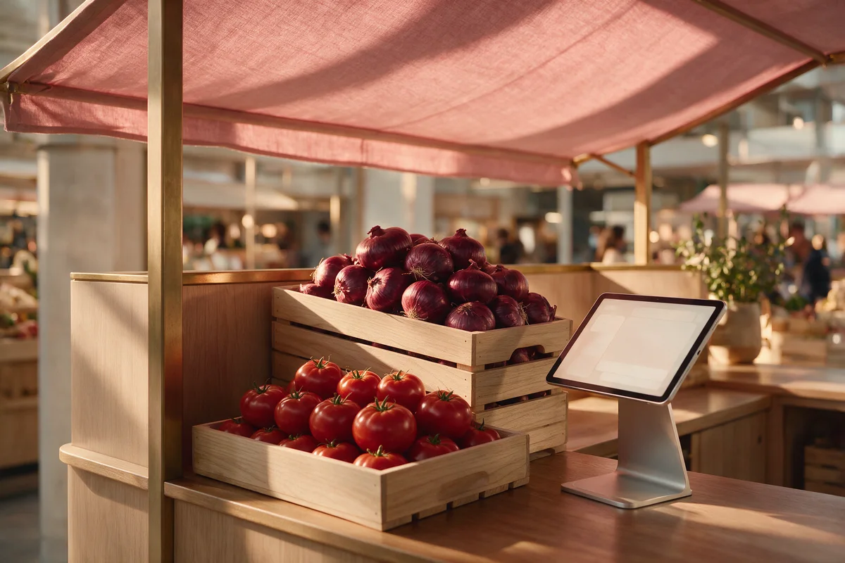Un puesto de mercado moderno bajo un toldo rosa: cajas de madera clara con tomates y cebollas, y una tablet con el TPV encendida junto a ellas.